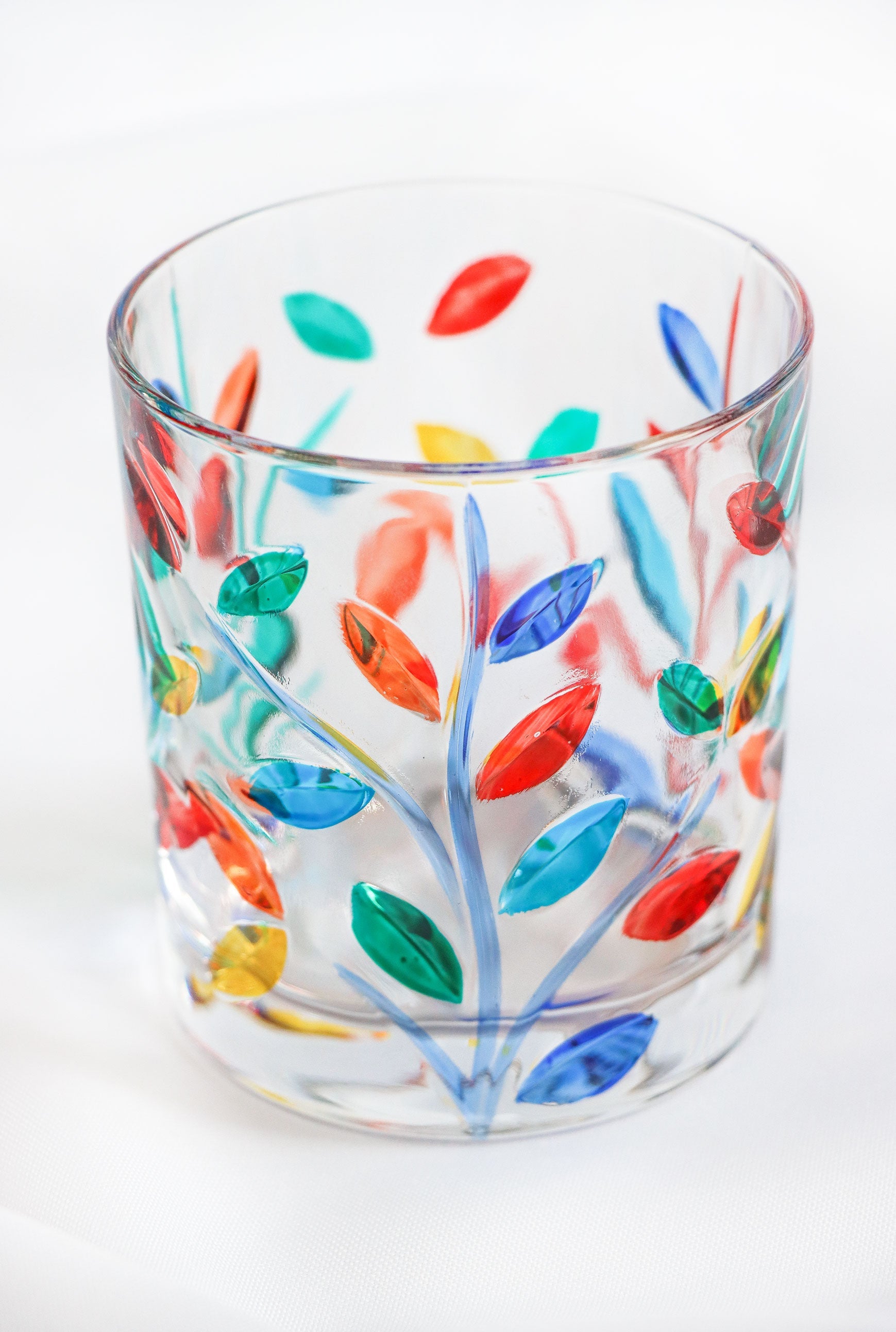Set 6 vasos tallados decoración hojas de colores